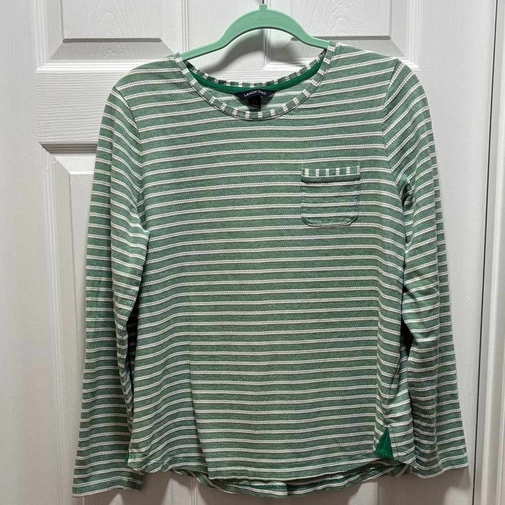 Lands' End Green and White Striped Long Sleeve Tee